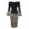 Vintage Couple Outfit Ombre Leopard Sequined Print Foldover Off the Shoulder Bell Sleeve Bodycon Dress and Long Sleeve Shirt Set - Noir S | US 4