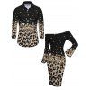 Vintage Couple Outfit Ombre Leopard Sequined Print Foldover Off the Shoulder Bell Sleeve Bodycon Dress and Long Sleeve Shirt Set - Noir S | US 4