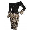 Vintage Couple Outfit Ombre Leopard Sequined Print Foldover Off the Shoulder Bell Sleeve Bodycon Dress and Long Sleeve Shirt Set - Noir S | US 4