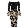 Vintage Couple Outfit Ombre Leopard Sequined Print Foldover Off the Shoulder Bell Sleeve Bodycon Dress and Long Sleeve Shirt Set - Noir S | US 4