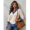 Casual Faux Twinset Knit Sweater Colorblock Faux Denim Argyle Textured Long Sleeve 2 In 1 Top - Abricot S | US 4