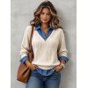 Casual Faux Twinset Knit Sweater Colorblock Faux Denim Argyle Textured Long Sleeve 2 In 1 Top - Abricot S | US 4