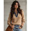 Daily Knitted Top Faux Denim Turn Down Collar Colorblock Textured V Notch Long Sleeve Top - café S | US 4