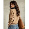 Daily Knitted Top Faux Denim Turn Down Collar Colorblock Textured V Notch Long Sleeve Top - café S | US 4