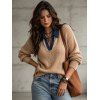 Daily Knitted Top Faux Denim Turn Down Collar Colorblock Textured V Notch Long Sleeve Top - café S | US 4