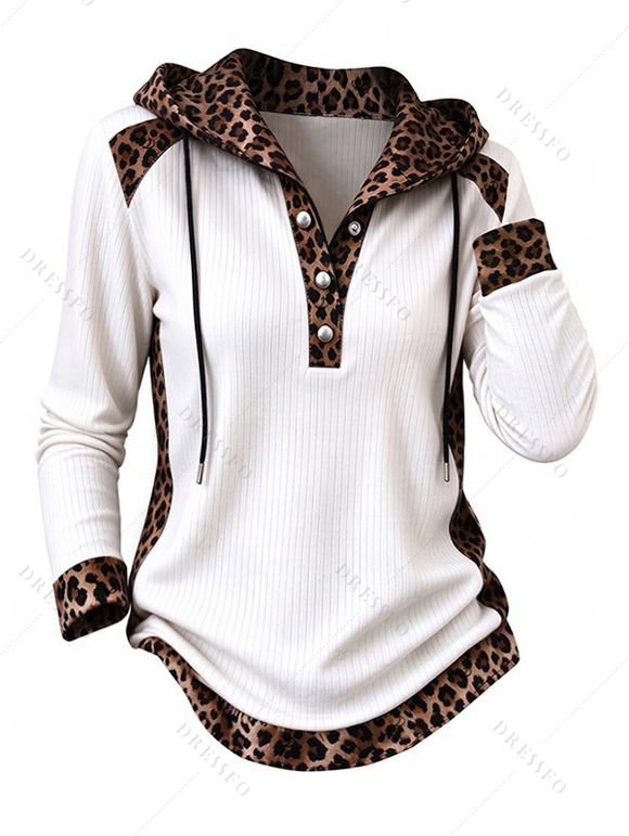Daily Women Outfit Leopard Print Panel Texture Drawstring Long Sleeve Knitted Hoodie Top and Lace Up Pockets Demin Flare Jeans Set - Blanc S | US 4
