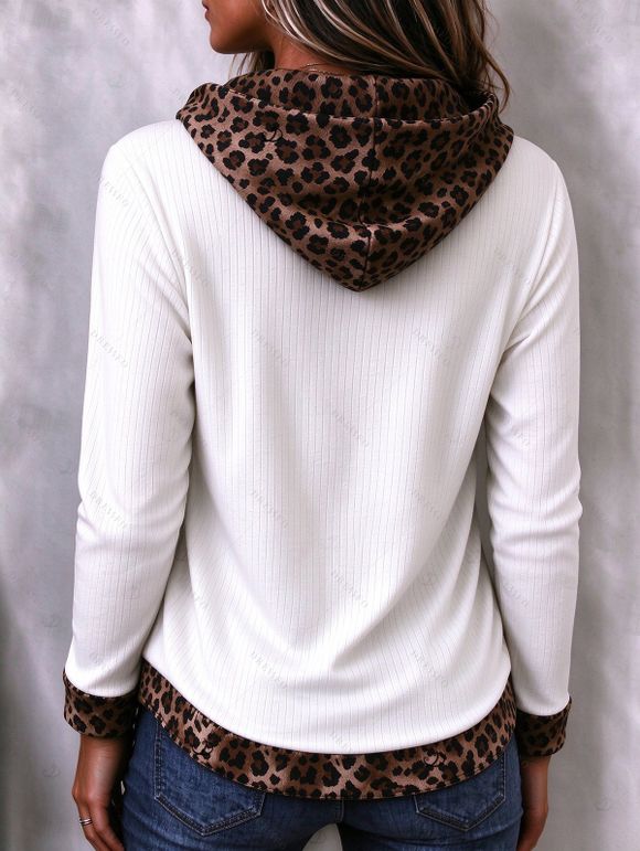 Daily Women Outfit Leopard Print Panel Texture Drawstring Long Sleeve Knitted Hoodie Top and Lace Up Pockets Demin Flare Jeans Set - Blanc S | US 4