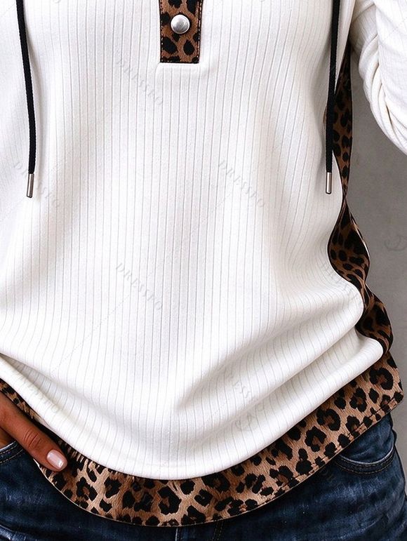 Daily Women Outfit Leopard Print Panel Texture Drawstring Long Sleeve Knitted Hoodie Top and Lace Up Pockets Demin Flare Jeans Set - Blanc S | US 4
