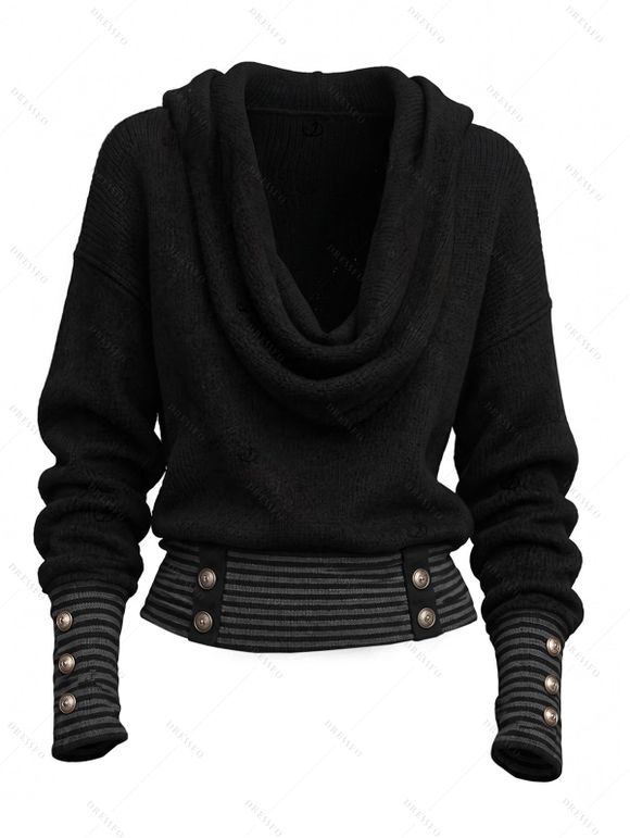 Daily Women Outfit Cowl Neck Draped Striped Cuff Metal Decor Pullover Knitted Top and Grommet Buckle Leggings Set - Noir S | US 4