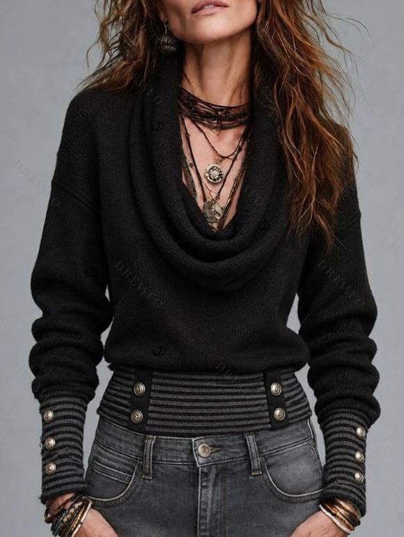 Daily Women Outfit Cowl Neck Draped Striped Cuff Metal Decor Pullover Knitted Top and Grommet Buckle Leggings Set - Noir S | US 4