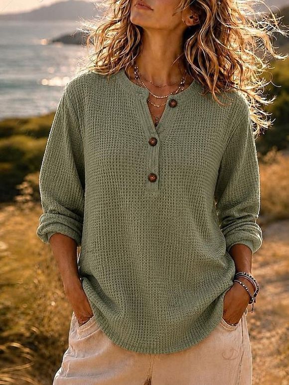 Daily Women Outfit Solid Color Hollow Out V Neck Henley Neck Curved Hem Sweater and O Ring Zipper Buckle Skinny Leggings Set - Vert Armée S | US 4
