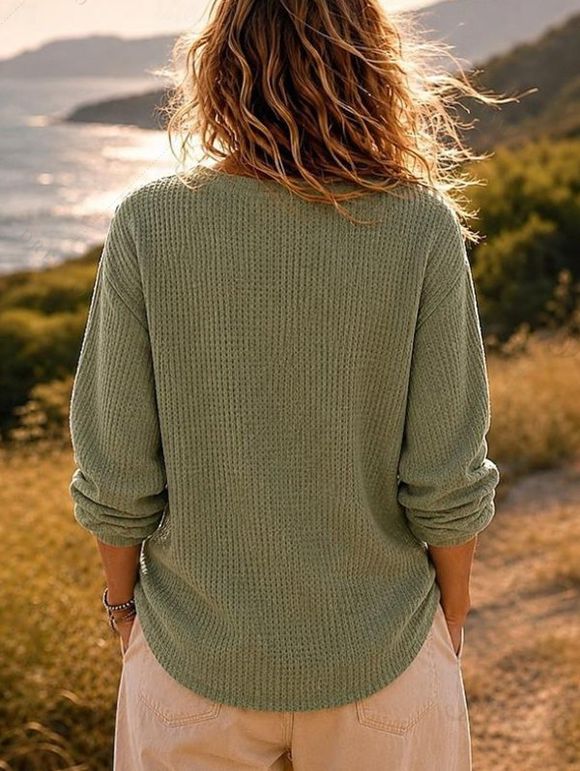 Daily Women Outfit Solid Color Hollow Out V Neck Henley Neck Curved Hem Sweater and O Ring Zipper Buckle Skinny Leggings Set - Vert Armée S | US 4