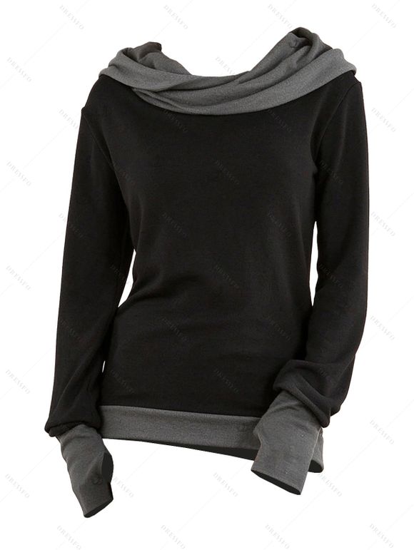 Daily Women Outfit Colorblock Cowl Neck Thumb Hole Cuff Fitted Waist Top and Grommet Buckle Skinny Leggings Set - Noir S | US 4
