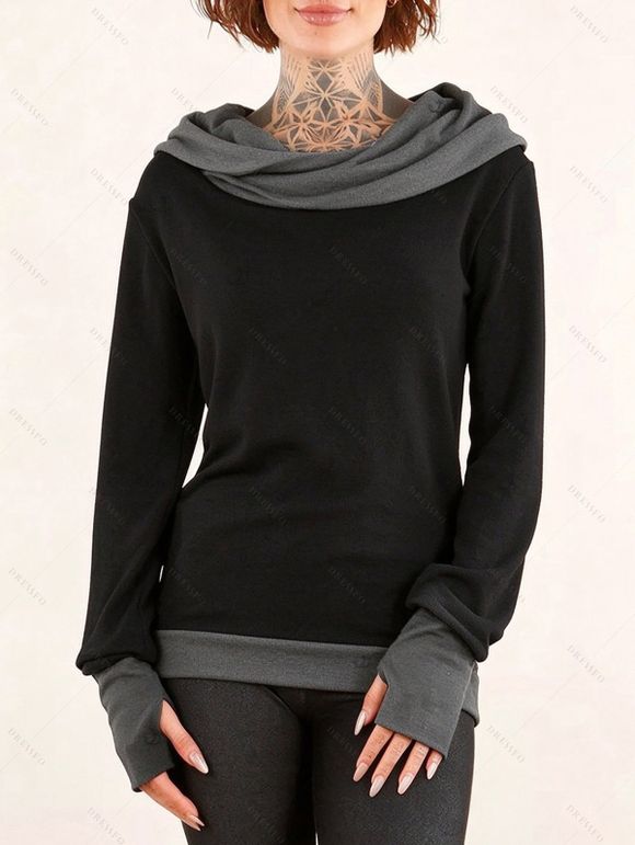 Daily Women Outfit Colorblock Cowl Neck Thumb Hole Cuff Fitted Waist Top and Grommet Buckle Skinny Leggings Set - Noir S | US 4
