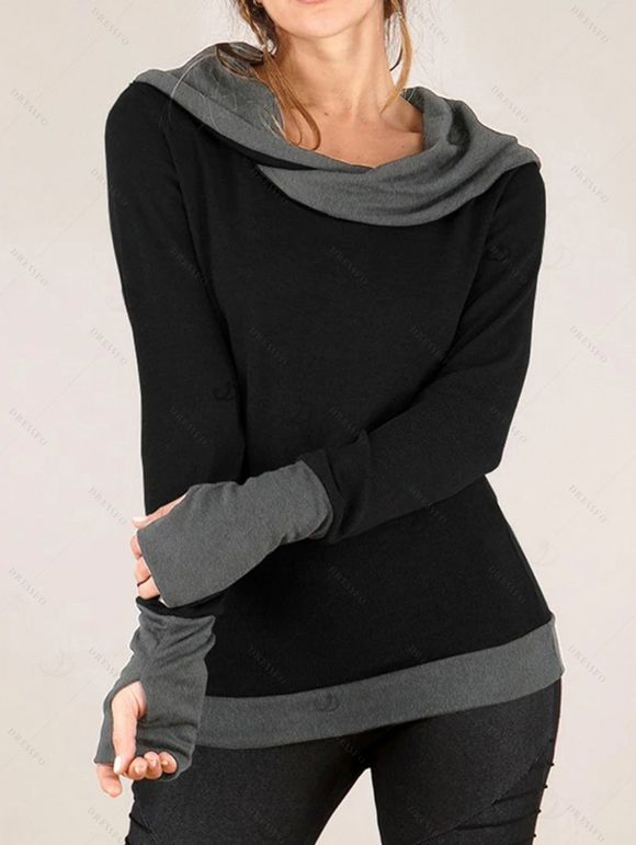 Daily Women Outfit Colorblock Cowl Neck Thumb Hole Cuff Fitted Waist Top and Grommet Buckle Skinny Leggings Set - Noir S | US 4