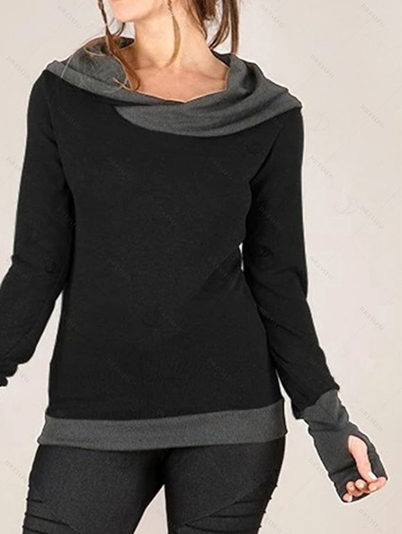 Daily Women Outfit Colorblock Cowl Neck Thumb Hole Cuff Fitted Waist Top and Grommet Buckle Skinny Leggings Set - Noir S | US 4