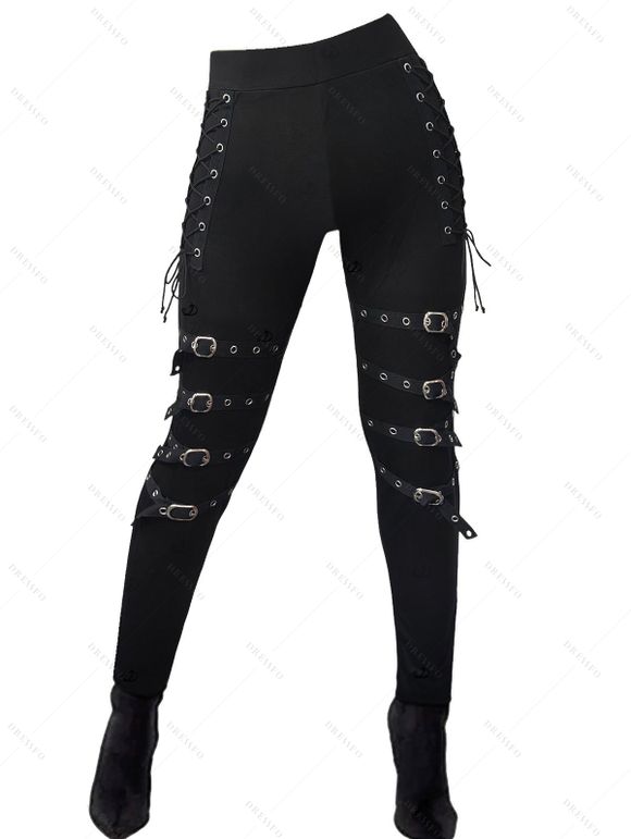 Daily Women Outfit Colorblock Cowl Neck Thumb Hole Cuff Fitted Waist Top and Grommet Buckle Skinny Leggings Set - Noir S | US 4