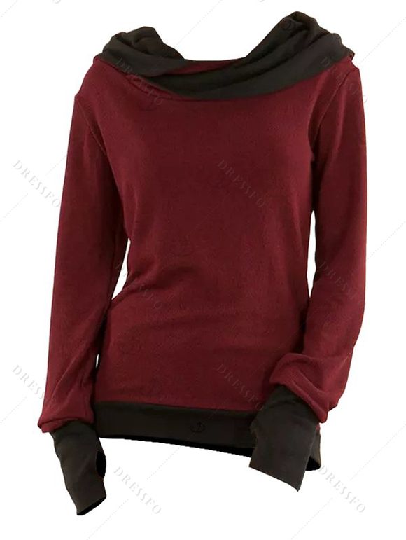 Daily Women Outfit Colorblock Cowl Neck Thumb Hole Cuff Fitted Waist Top and Grommet Buckle Skinny Leggings Set - Rouge Vineux S | US 4