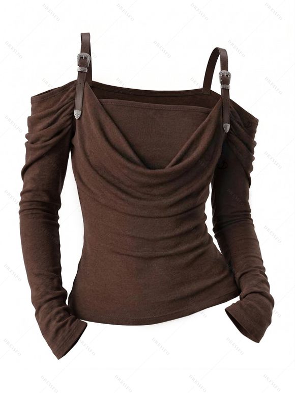 Daily Women Outfit Solid Color Draped Cold Shoulder Buckle Strap Knitted Top and Grommet Rivet Skinny Pants Set - Café profond S | US 4