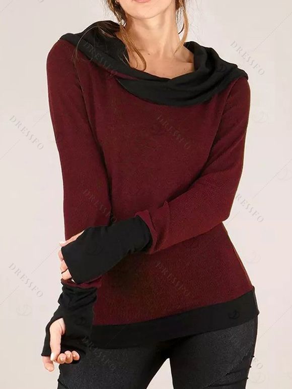 Daily Women Outfit Colorblock Cowl Neck Thumb Hole Cuff Fitted Waist Top and Grommet Buckle Skinny Leggings Set - Rouge Vineux S | US 4