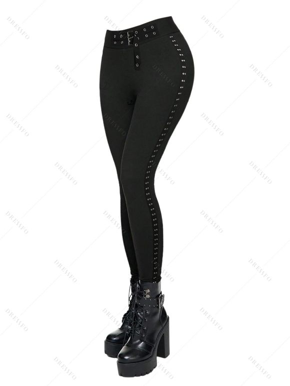 Daily Women Outfit Solid Color Draped Cold Shoulder Buckle Strap Knitted Top and Grommet Rivet Skinny Pants Set - Café profond S | US 4