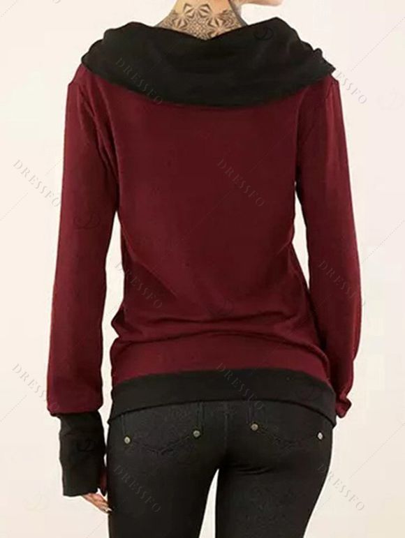 Daily Women Outfit Colorblock Cowl Neck Thumb Hole Cuff Fitted Waist Top and Grommet Buckle Skinny Leggings Set - Rouge Vineux S | US 4
