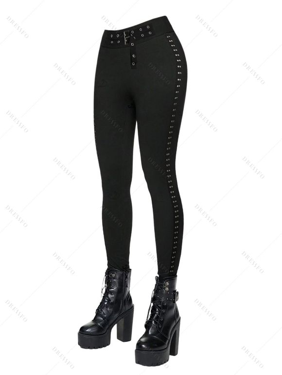 Daily Women Outfit Solid Color Draped Cold Shoulder Buckle Strap Knitted Top and Grommet Rivet Skinny Pants Set - Café profond S | US 4