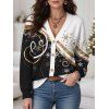 Christmas Cardigan Coat Colorblock Snowflake Scroll Print Button Up Long Sleeve Holiday Top - Noir XXL | US 14