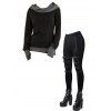 Daily Women Outfit Colorblock Cowl Neck Thumb Hole Cuff Fitted Waist Top and Grommet Buckle Skinny Leggings Set - Noir S | US 4