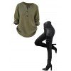 Daily Women Outfit Solid Color Hollow Out V Neck Henley Neck Curved Hem Sweater and O Ring Zipper Buckle Skinny Leggings Set - Vert Armée S | US 4