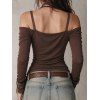 Daily Women Outfit Solid Color Draped Cold Shoulder Buckle Strap Knitted Top and Grommet Rivet Skinny Pants Set - Café profond S | US 4