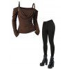Daily Women Outfit Solid Color Draped Cold Shoulder Buckle Strap Knitted Top and Grommet Rivet Skinny Pants Set - Café profond S | US 4