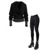 Daily Women Outfit Cowl Neck Draped Striped Cuff Metal Decor Pullover Knitted Top and Grommet Buckle Leggings Set - Noir S | US 4