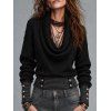 Daily Women Outfit Cowl Neck Draped Striped Cuff Metal Decor Pullover Knitted Top and Grommet Buckle Leggings Set - Noir S | US 4