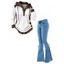 Daily Women Outfit Leopard Print Panel Texture Drawstring Long Sleeve Knitted Hoodie Top and Lace Up Pockets Demin Flare Jeans Set - Blanc S | US 4