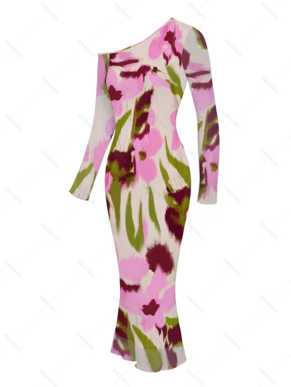 Vintage Vacation Dress Ink Painting Floral Print Mesh Panel Skew Neck Bodycon Dress - Rose XXL | US 14