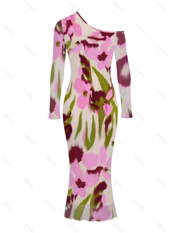 Vintage Vacation Dress Ink Painting Floral Print Mesh Panel Skew Neck Bodycon Dress - Rose XXL | US 14
