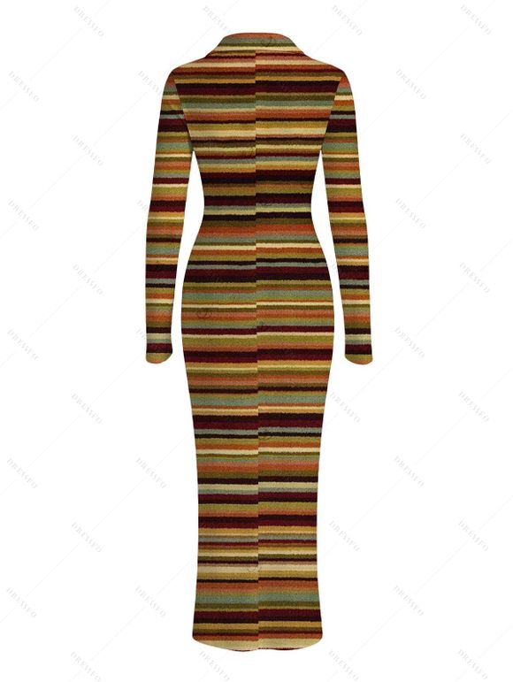 Vintage Shirt Dress Colorblock Striped Print Ruched Button Up Long Sleeve Bodycon Ethnic Dress - Brun XXL | US 14