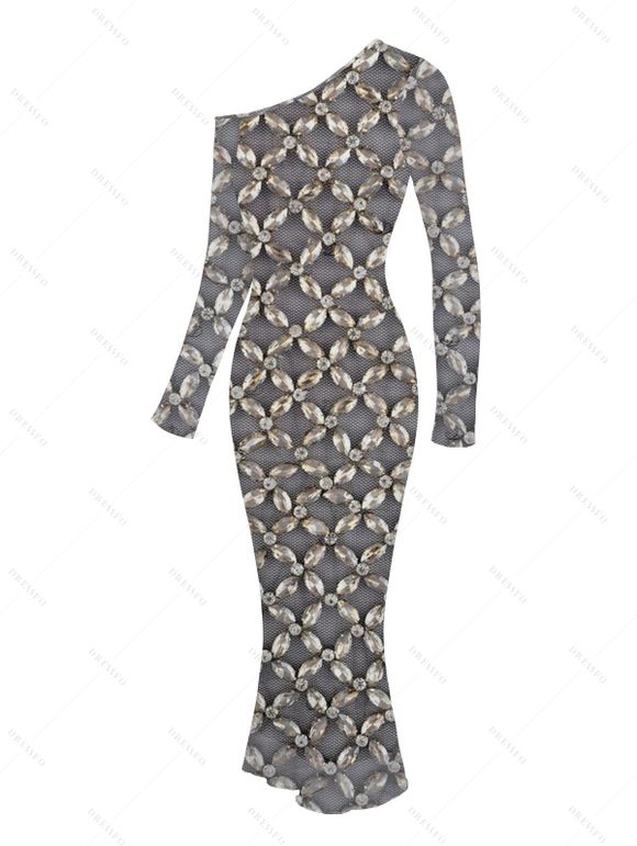 Party Vintage Dress Rhinestone Lattice Print Mesh Panel Skew Neck Bodycon Dress - Gris M | US 6