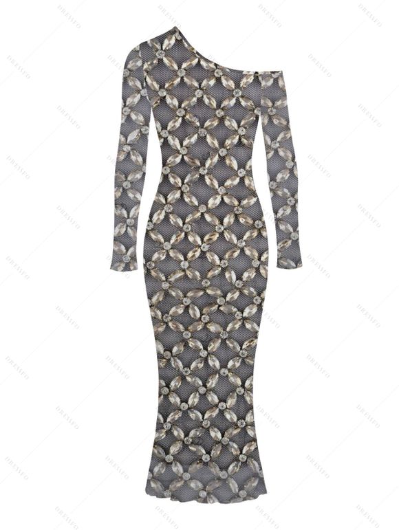Party Vintage Dress Rhinestone Lattice Print Mesh Panel Skew Neck Bodycon Dress - Gris M | US 6