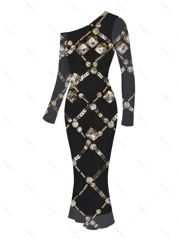 Vintage Party Dress Black Gold Chain Rhinestone Lattice Print Mesh Panel Skew Neck Bodycon Dress - Noir S | US 4