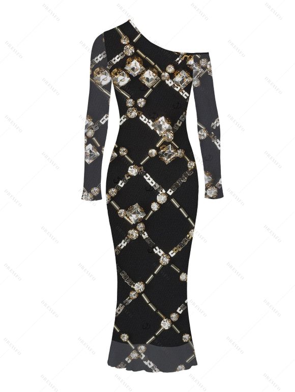Vintage Party Dress Black Gold Chain Rhinestone Lattice Print Mesh Panel Skew Neck Bodycon Dress - Noir S | US 4
