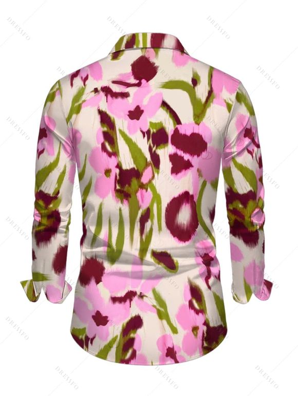 Men's Vintage Vacation Shirt Ink Painting Floral Print Button Up Long Sleeve Shirt - Rose 2XL