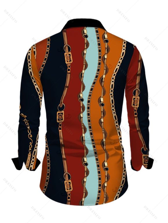 Men's Vintage Shirt Colorblock Vertical Stripe Chain Print Button Up Long Sleeve Shirt - multicolor A 5XL