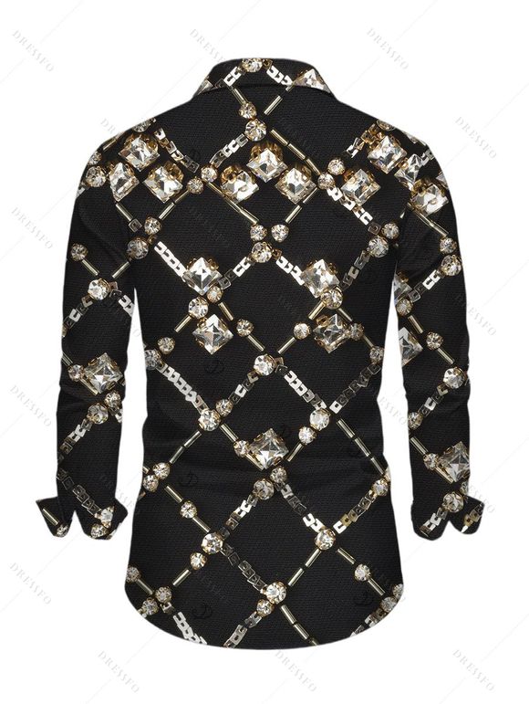Men's Vintage Shirt Black Gold Chain Rhinestone Lattice Print Button Up Long Sleeve Shirt - Noir XL