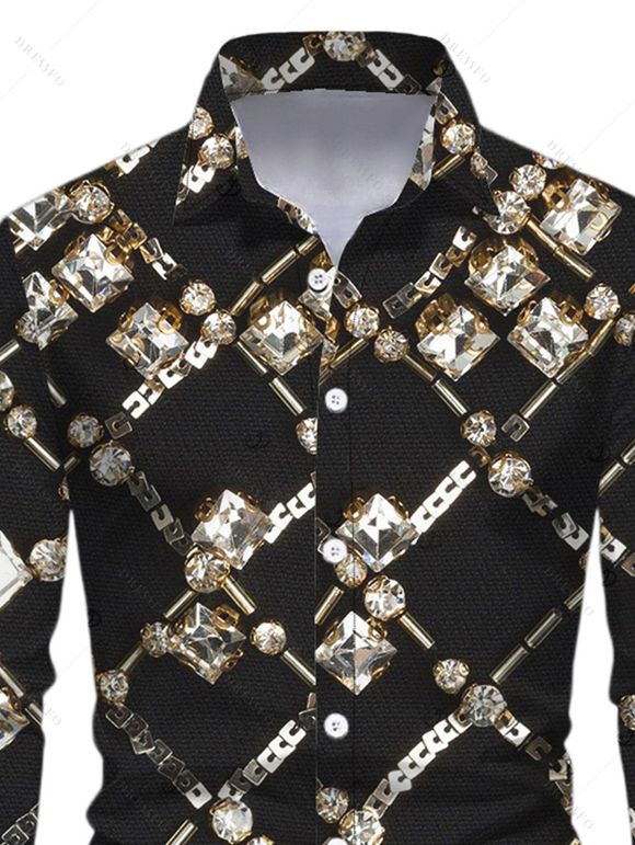 Men's Vintage Shirt Black Gold Chain Rhinestone Lattice Print Button Up Long Sleeve Shirt - Noir XL