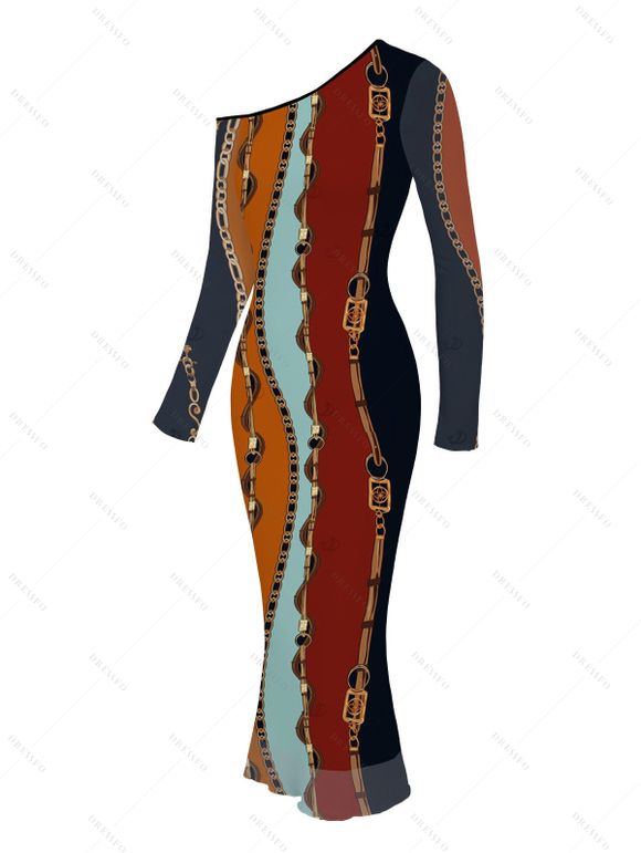 Vintage Dress Colorblock Vertical Stripe Chain Print Mesh Panel Skew Neck Bodycon Dress - multicolor A XXL | US 14