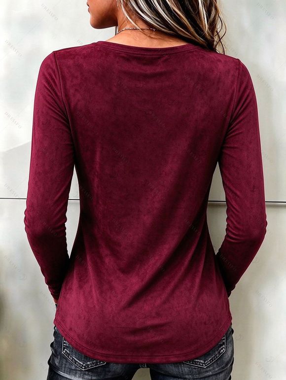 Casual Top Solid Color Tassel V Neck Long Sleeve Pullover Top - Rouge Vineux XXL | US 14