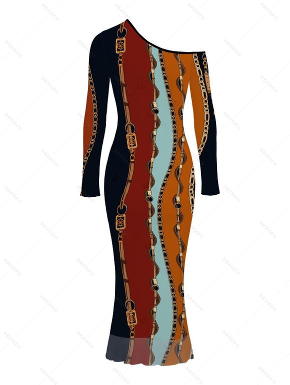 Vintage Dress Colorblock Vertical Stripe Chain Print Mesh Panel Skew Neck Bodycon Dress - multicolor A XXL | US 14