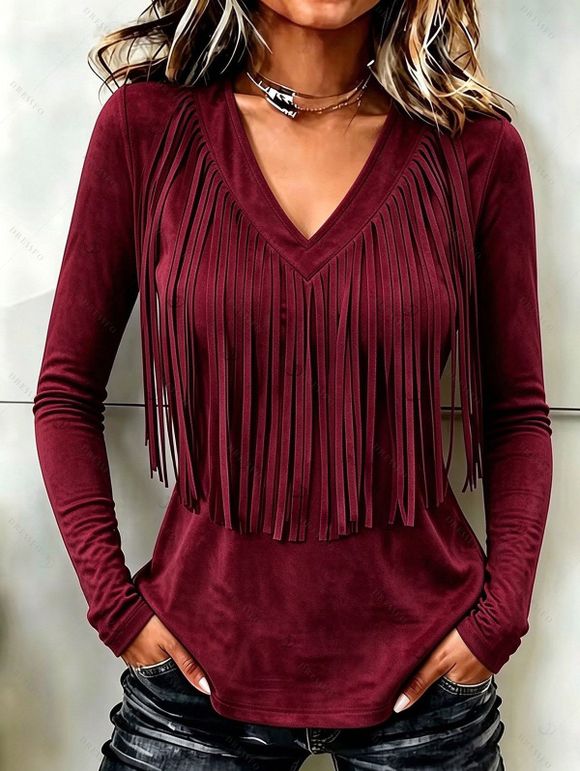 Casual Top Solid Color Tassel V Neck Long Sleeve Pullover Top - Rouge Vineux XXL | US 14